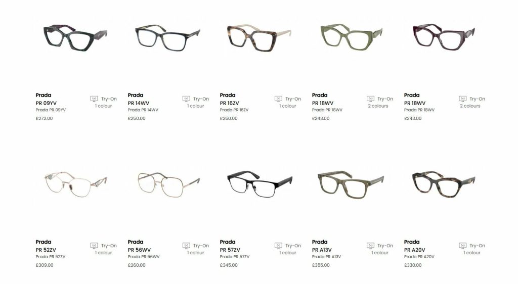 Screenshot of webstore showing two rows of spectacles with their respective descriptions and prices 