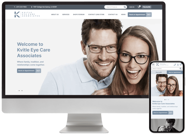 Screenshot of Kvitle Eye Care Associates' brochure website displayed on a desktop and mobile device, showing a smiling man and woman wearing glasses, with navigation links and a 'Book an Appointment' button.