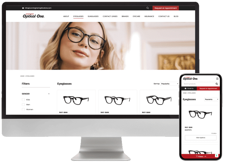 Catalogue-style website for Optical One displayed on a desktop monitor and a smartphone. The site showcases eyeglasses with filtering options by gender and a grid layout featuring Ray-Ban frames. A banner with a model wearing glasses is visible at the top.