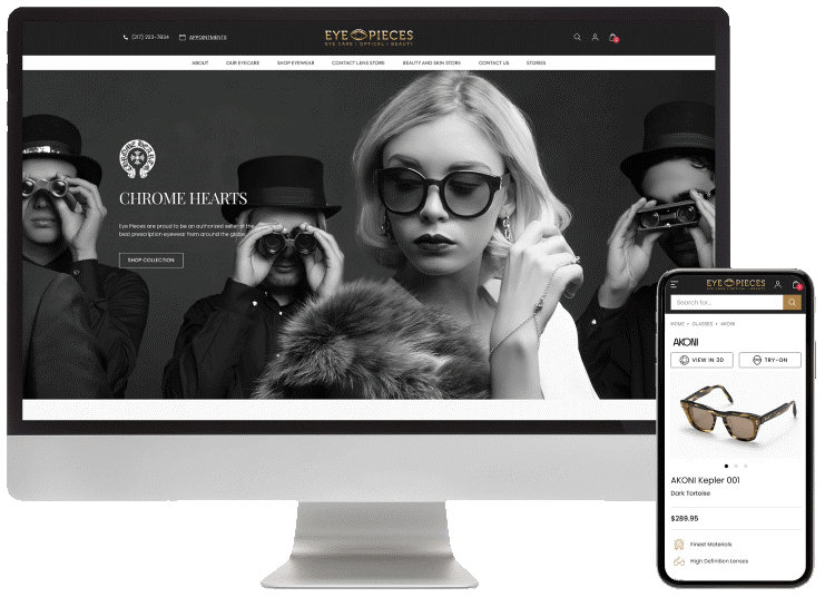 eCommerce-style website for Eye Pieces displayed on a desktop monitor and a smartphone. The homepage features a high-fashion black-and-white image of models wearing sunglasses, with a 'Shop Collection' button. The mobile view shows a product page for AKONI Kepler 001 sunglasses, including price and options to view in 3D or try on.