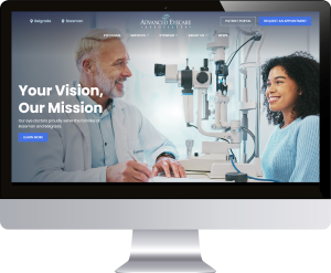 Screen grab of the Advanced Eyecare Associates website homepage showing an eye doctor smiling at a young female patient during an eye exam, with the text 'Your Vision, Our Mission' and navigation links for services, eyewear, and appointments.
