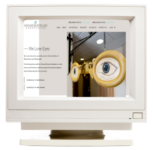 Screen grab of the modern Advanced Eyecare Associates website showing an eye exam with a smiling patient and the tagline 'Your Vision, Our Mission.'