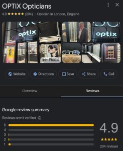 Google listing for OPTIX Opticians in London, England, showing storefront photos, a 4.9-star rating from 204 reviews, and review distribution with mostly 5-star ratings.