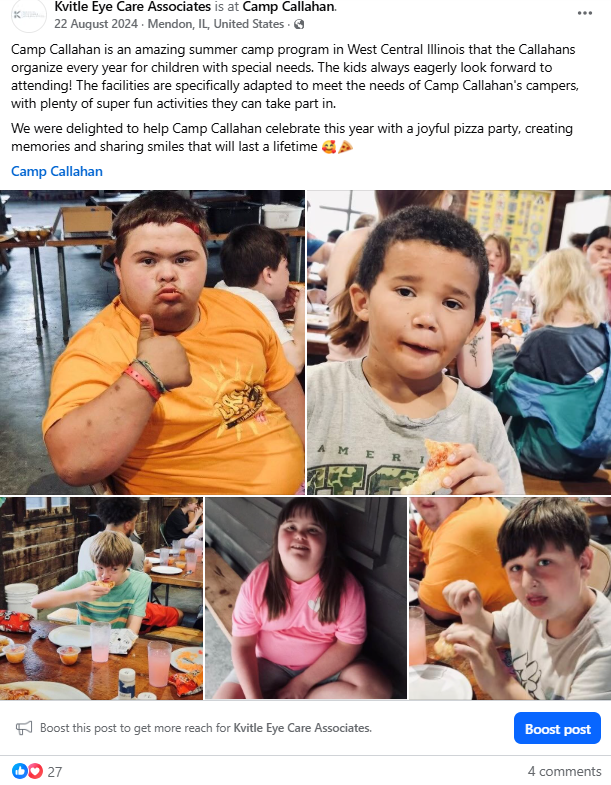 Facebook post from Kvitle Eye Care Associates highlighting their support for Camp Callahan, a summer camp in Illinois for children with special needs. The collage of photos shows smiling children enjoying a pizza party — some eating pizza at a table, others posing happily for the camera. The caption celebrates the event as a joyful day of creating lasting memories.
