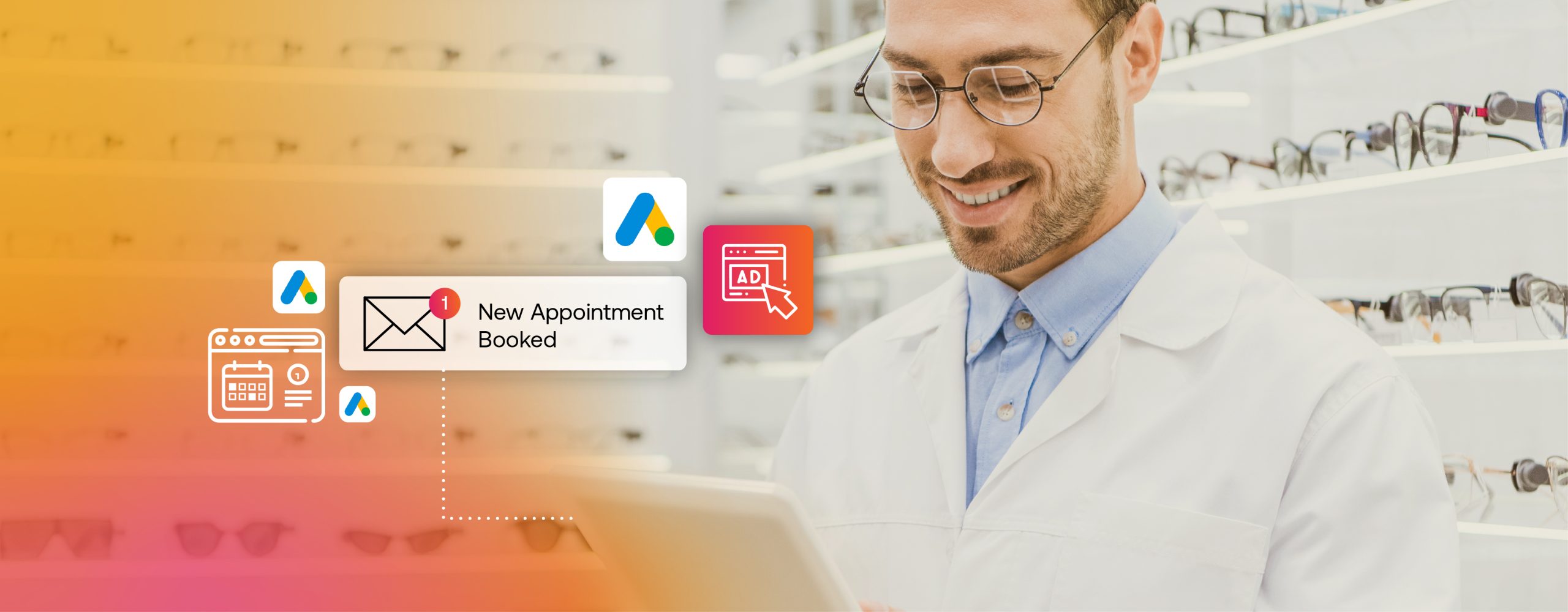 Smiling white male optician using digital tablet in optical store with eyeglasses on shelves