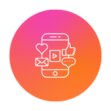 Icon of a smartphone with social media symbols, displayed on a pink-to-orange gradient circle.